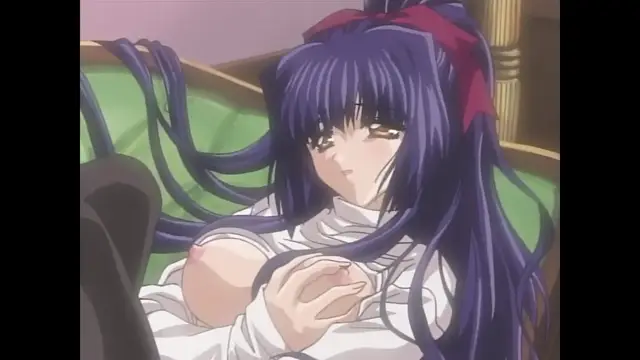 A long-haired purple-haired anime girl with a red bow sits on a green bed, looking down at her large breasts while her white shirt is pulled down. Screenshot from Moonlight Lady - Episode 1
