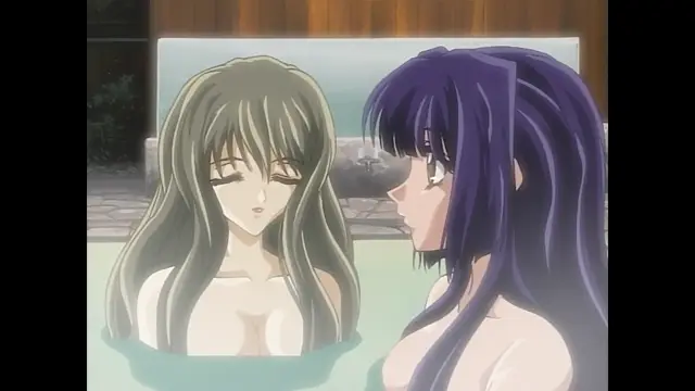 Two anime women with long hair are shown from the chest up, soaking in a bath together. Screenshot from Moonlight Lady - Episode 1