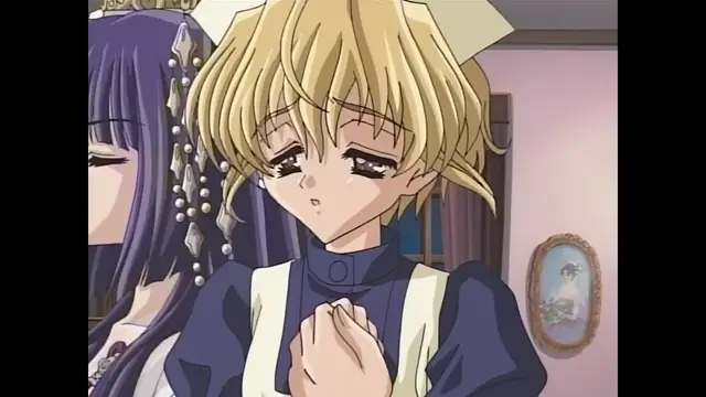 A blonde girl with large eyes and a worried expression bows her head with her hands clasped together, standing next to a purple-haired woman with a crown. Screenshot from Moonlight Lady - Episode 1