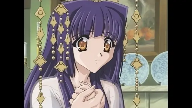 An anime girl with long purple hair and golden hair ornaments gazes forward with a concerned expression while clasping her hands together in a room featuring a fireplace and a painting. Screenshot from Moonlight Lady - Episode 1