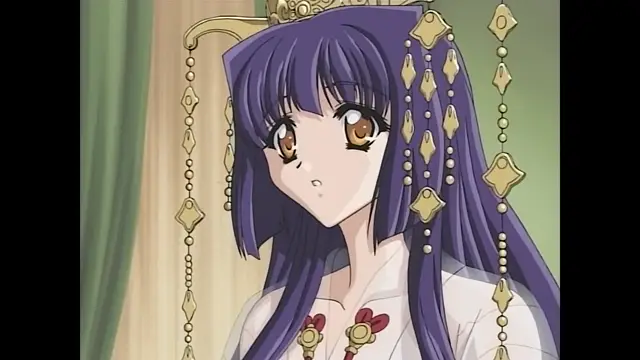 A royal princess with purple hair and amber eyes wears a white dress and gold jewelry while sitting on a throne with a surprised expression. Screenshot from Moonlight Lady - Episode 1