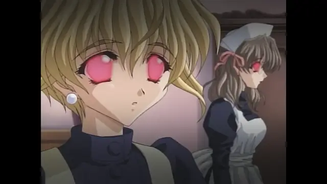 A blonde anime girl with red eyes and a shocked expression stands in the foreground while a maid with long hair and red eyes stands in the background. Screenshot from Moonlight Lady - Episode 1