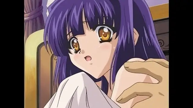 A purple-haired anime girl with large orange eyes and a shocked expression looks up at a male hand reaching toward her chest, wrapped partially in a white cloth. Screenshot from Moonlight Lady - Episode 2