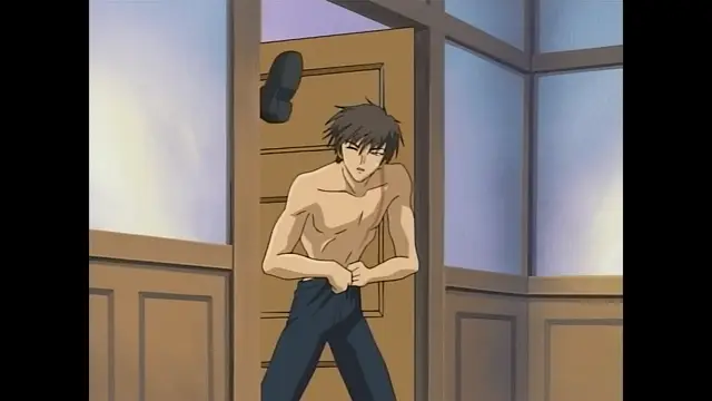 A shirtless man with messy dark hair looks surprised as he stands in a doorway with his pants pulled down, while a black shoe flies through the air behind him. Screenshot from Moonlight Lady - Episode 2