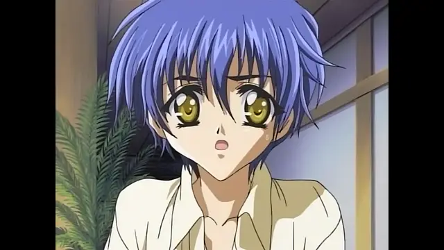 A wide shot shows a blue-haired anime girl with large golden eyes looking surprised and blushing while wearing an open light-colored shirt. Screenshot from Moonlight Lady - Episode 2