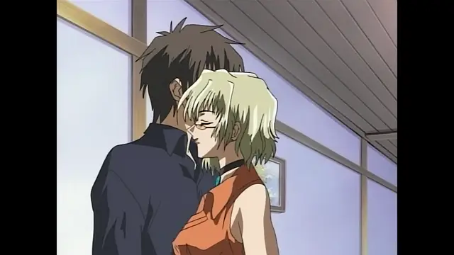 A male anime character with brown hair and a female anime character with blonde hair are shown in a close embrace, facing each other while standing in a room with sliding doors. Screenshot from Moonlight Lady - Episode 2