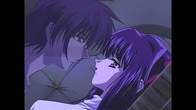 A man with dark hair leans over a reclining woman with purple hair, their faces inches apart in an intimate, close-up shot. Screenshot from Moonlight Lady - Episode 2