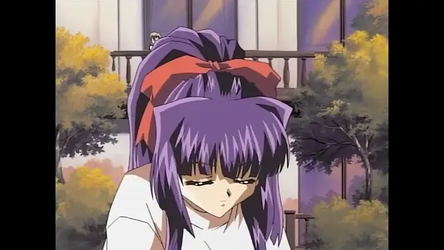 A purple-haired anime girl with a red bow looks down with a somber expression in front of a garden and balcony. Screenshot from Moonlight Lady - Episode 2