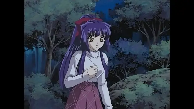 A shocked anime girl with long purple hair and a red bow looks startled in a forest setting. Screenshot from Moonlight Lady - Episode 2