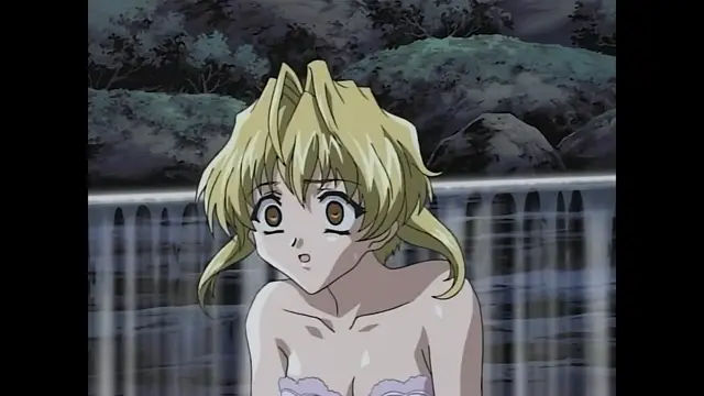 A blonde anime girl with large eyes and a startled expression stands in front of a waterfall, wearing a white ruffled bikini top. Screenshot from Moonlight Lady - Episode 2