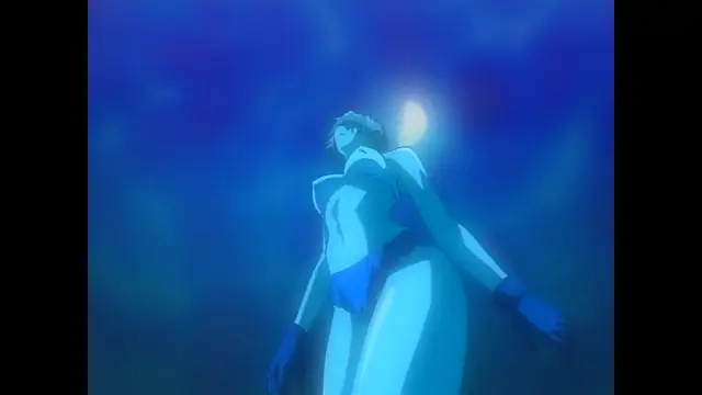 A blue-skinned female anime character with long hair stands in a dark blue environment, her arms outstretched as she gazes upward toward a glowing orb. Screenshot from Moonlight Lady - Episode 2