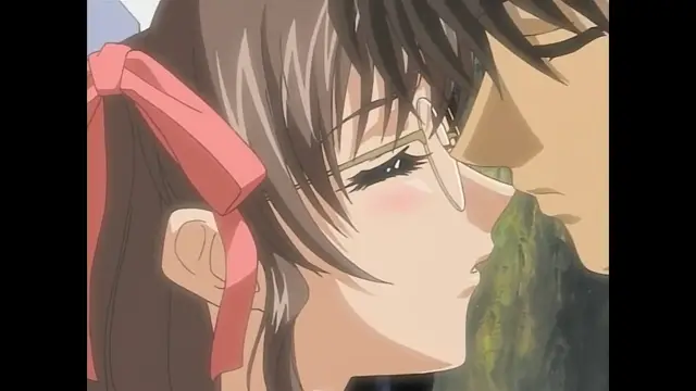 A close-up anime still of a woman with glasses and a red hair ribbon leaning in to kiss a man. Screenshot from Moonlight Lady - Episode 2