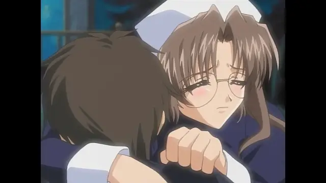 A blushing anime girl wearing glasses and a maid outfit hugs a man from behind, her face showing a mix of embarrassment and desire. Screenshot from Moonlight Lady - Episode 2