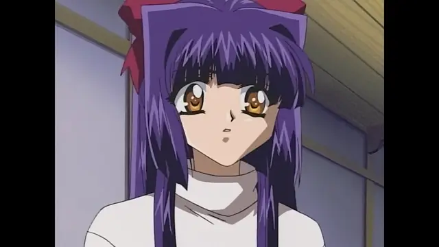 A close-up shot of a purple-haired anime girl with large brown eyes wearing a white turtleneck and a red bow in her hair. Screenshot from Moonlight Lady - Episode 2