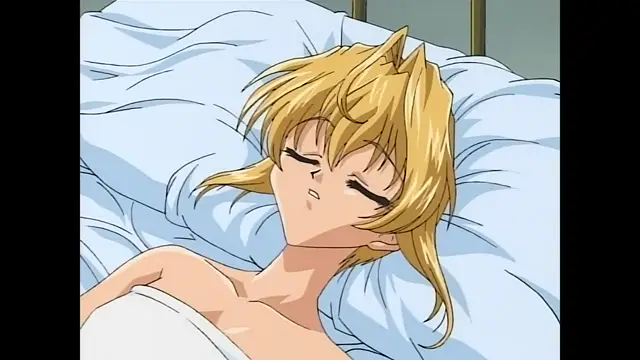 A blonde anime girl with long hair lies sleeping on her back on a light blue bed with her eyes closed and a slight smile. Screenshot from Moonlight Lady - Episode 2