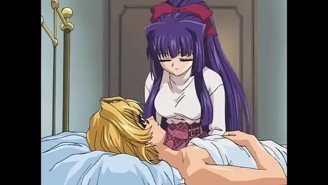 A purple-haired anime girl in a white top and red bow leans over a blond man lying in a bed, touching his face while he looks up at her. Screenshot from Moonlight Lady - Episode 2