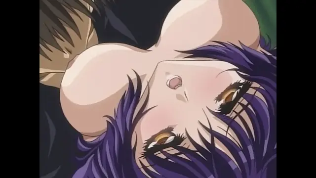 An anime girl with purple hair lies on her back with her large breasts exposed and her eyes wide open. Screenshot from Moonlight Lady - Episode 3