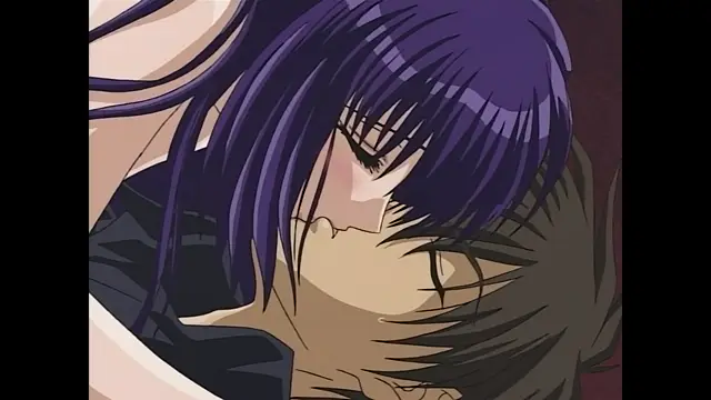 A close-up shot shows a purple-haired anime girl with a blushing face leaning over a brown-haired man with his eyes closed. Screenshot from Moonlight Lady - Episode 3