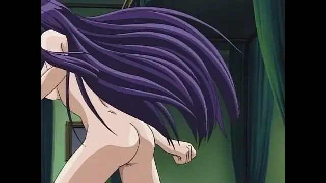 A woman with long purple hair is shown from the back, naked and facing away from the camera in a room with green curtains. Screenshot from Moonlight Lady - Episode 3