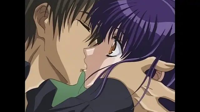 A man with dark hair and a woman with long purple hair are shown in a close-up shot as they share a passionate kiss, with her eyes wide open and his hand gripping her face. Screenshot from Moonlight Lady - Episode 3