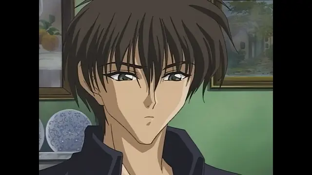 A close-up shot of a male anime character with brown hair and a serious expression, looking directly at the viewer with heavy-lidded eyes. Screenshot from Moonlight Lady - Episode 3