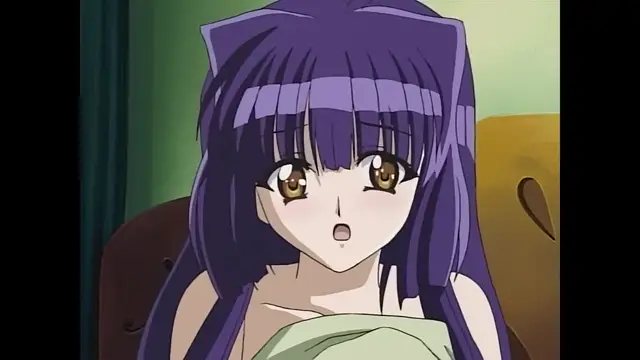 A young woman with long purple hair and brown eyes looks forward with a surprised expression while wrapped in a light green cloth. Screenshot from Moonlight Lady - Episode 3