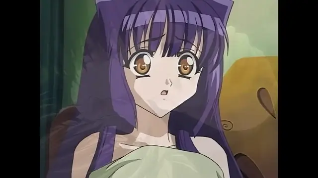 A shocked anime girl with long purple hair and wide, teary eyes looks forward while wearing a light green top. Screenshot from Moonlight Lady - Episode 3