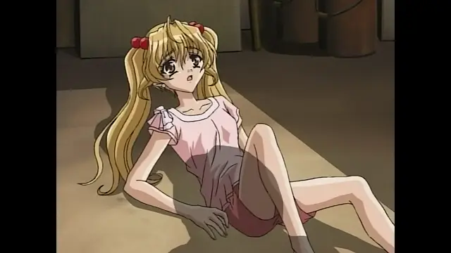 A blonde anime girl with red hair ties sits on a floor wearing a pink and white dress, looking surprised. Screenshot from Moonlight Lady - Episode 3