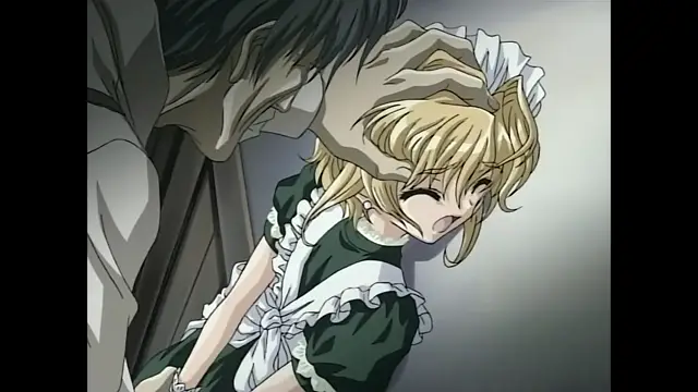 A man with dark hair and a stern expression looms over a blonde maid dressed in a green and white uniform, grabbing her head with his hand as she looks down with a distressed expression. Screenshot from Moonlight Lady - Episode 3
