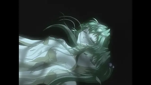 A green-haired anime girl lies on her side while a green-haired boy rests his head against her chest. Screenshot from Moonlight Lady - Episode 3