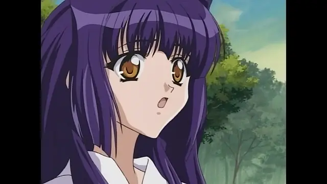 A close-up shot of an anime girl with long purple hair and large brown eyes looking surprised or shocked against a backdrop of green trees. Screenshot from Moonlight Lady - Episode 3