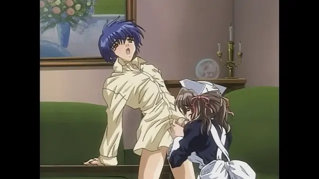 A blue-haired woman in a shirt is being masturbated by a maid in a maid outfit while sitting on a sofa. Screenshot from Moonlight Lady - Episode 3
