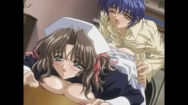 A nurse with long brown hair and a white cap lies on a table while a blue-haired man in a light-colored shirt penetrates her from behind. Screenshot from Moonlight Lady - Episode 3