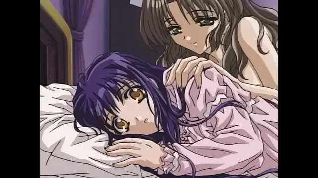 A brown-haired woman with a serious expression leans over a purple-haired girl lying in a bed, placing her hands on the girl's shoulders as if looking down at her. Screenshot from Moonlight Lady - Episode 3