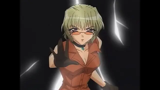 A woman with short blonde hair, wearing a brown button-up dress, a choker, and glasses, extends her hand forward with a serious expression against a dark background with glowing white streaks. Screenshot from Moonlight Lady - Episode 4