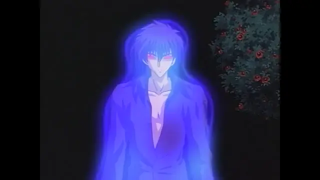 A glowing blue male anime character with red eyes and an open shirt stands before a dark background with a flowering bush. Screenshot from Moonlight Lady - Episode 4