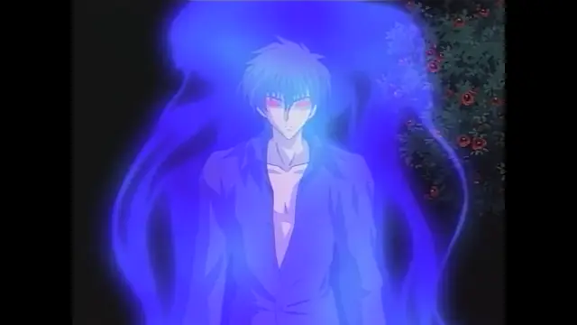 An anime man with blue hair and glowing red eyes stands before a dark background, shrouded in vibrant blue energy flames while wearing an unbuttoned shirt that reveals his chest. Screenshot from Moonlight Lady - Episode 4