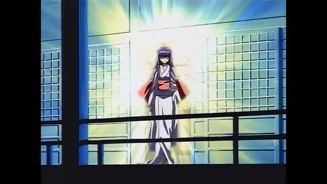 A woman in a long white kimono and a red obi stands in a traditional Japanese room, glowing with bright light from behind her. Screenshot from Moonlight Lady - Episode 4