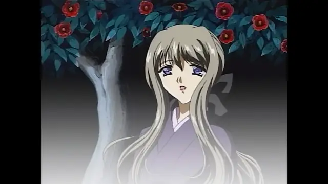 An anime girl with long silver hair and large purple eyes stands in front of a cherry blossom tree, wearing a purple kimono. Screenshot from Moonlight Lady - Episode 4