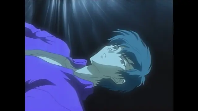 A shirtless male anime character with blue hair lies on his back on a dark surface under a beam of light with a strained, blushing expression. Screenshot from Moonlight Lady - Episode 4