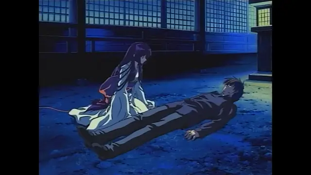 A long-haired girl in a traditional kimono sits on the floor of a dim interior, looking down at a man lying face down on the ground. Screenshot from Moonlight Lady - Episode 4
