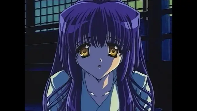 An anime girl with long purple hair and gold eyes wearing a blue kimono looks surprised with her mouth slightly open. Screenshot from Moonlight Lady - Episode 4