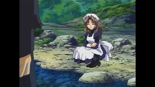 A woman in a maid outfit sits on rocks by a river in a forest setting, looking down with a worried expression. Screenshot from Moonlight Lady - Episode 4