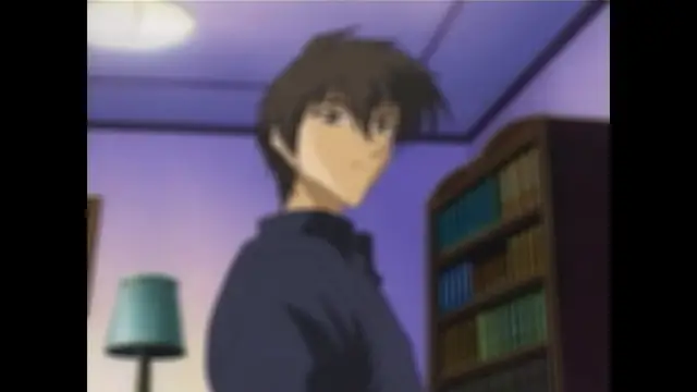 An anime man with brown hair looks forward while standing in a room with a bookshelf and a lamp. Screenshot from Moonlight Lady - Episode 4