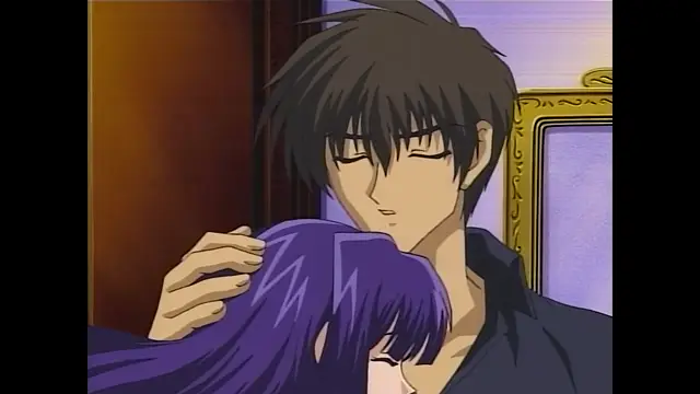 A male anime character with dark hair leans down to kiss a purple-haired female character on the head in an intimate setting. Screenshot from Moonlight Lady - Episode 4