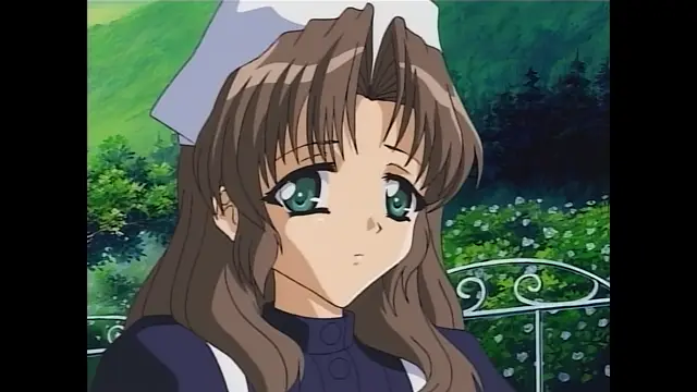 A close-up shot shows a brunette anime girl in a maid outfit with a pouting expression against a garden background. Screenshot from Moonlight Lady - Episode 4