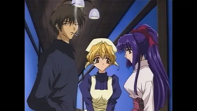 A tall man with messy dark hair and a cigarette in his mouth stands next to a blonde woman in a maid outfit and a purple-haired woman in a kimono, looking down at them in a dimly lit hallway. Screenshot from Moonlight Lady - Episode 4