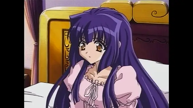 A long-haired anime girl with purple hair and wide eyes sits on a bed with a shocked expression while wearing a ruffled pink nightgown. Screenshot from Moonlight Lady - Episode 4