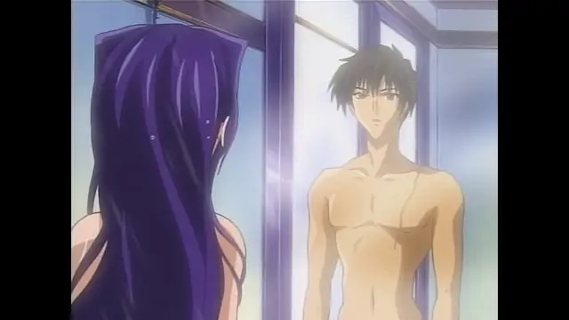 A shirtless man with black hair stands in a room facing a woman with long purple hair from behind. Screenshot from Moonlight Lady - Episode 4