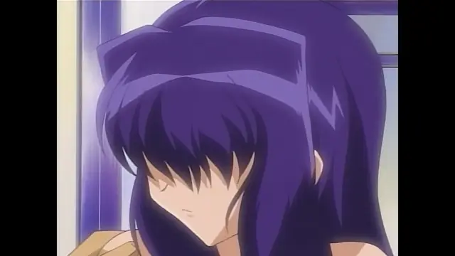 A purple-haired anime girl looks down with a blushing, embarrassed expression while dressed in a school uniform. Screenshot from Moonlight Lady - Episode 4